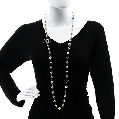 Chanel Pearl Crystal CC Beaded Ball Long Necklace Silver White 2 of 7