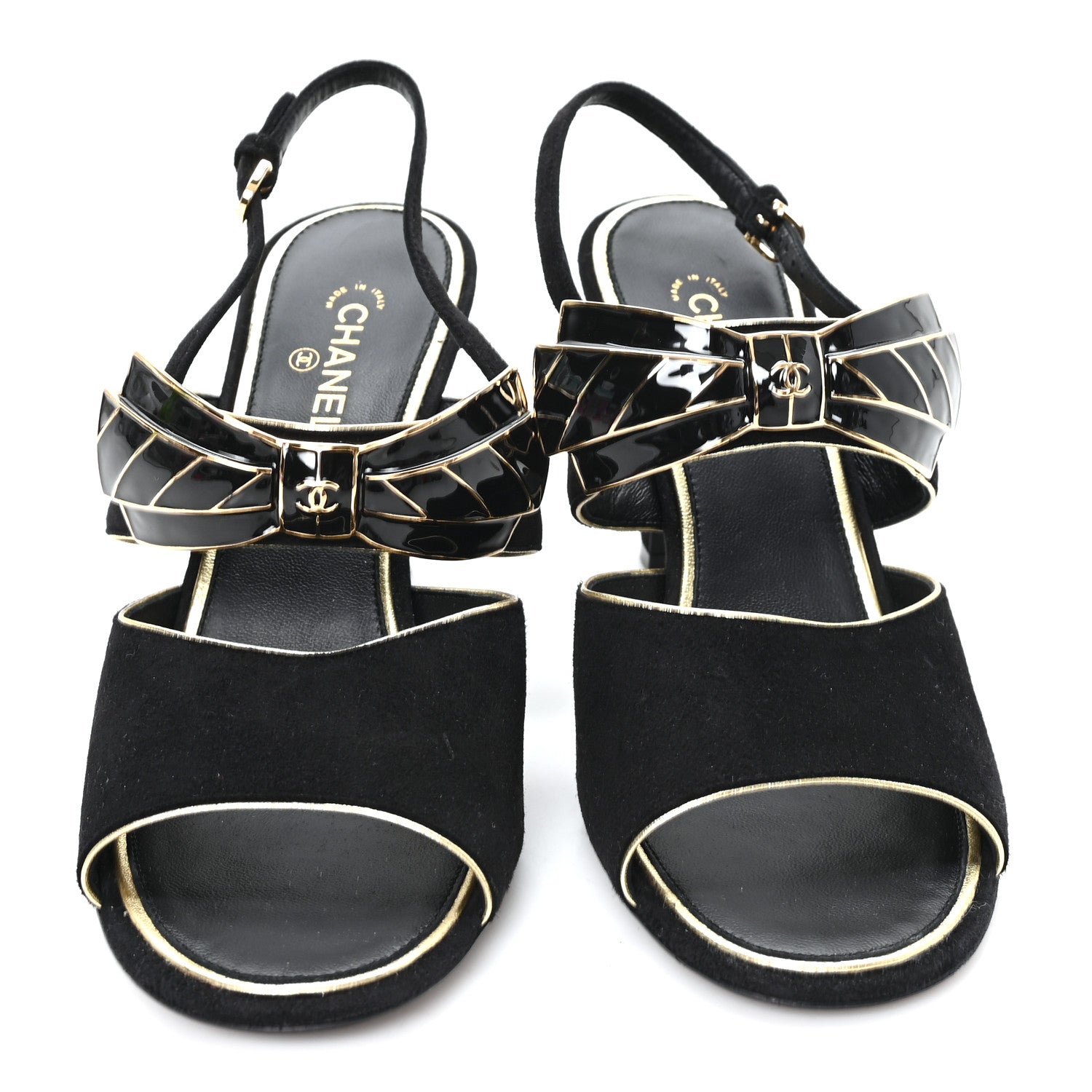 Chanel Suede CC Bow Slingback Pumps 37.5 Black Gold 3 of 9