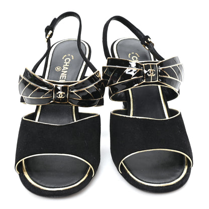 Chanel Suede CC Bow Slingback Pumps 37.5 Black Gold 3 of 9