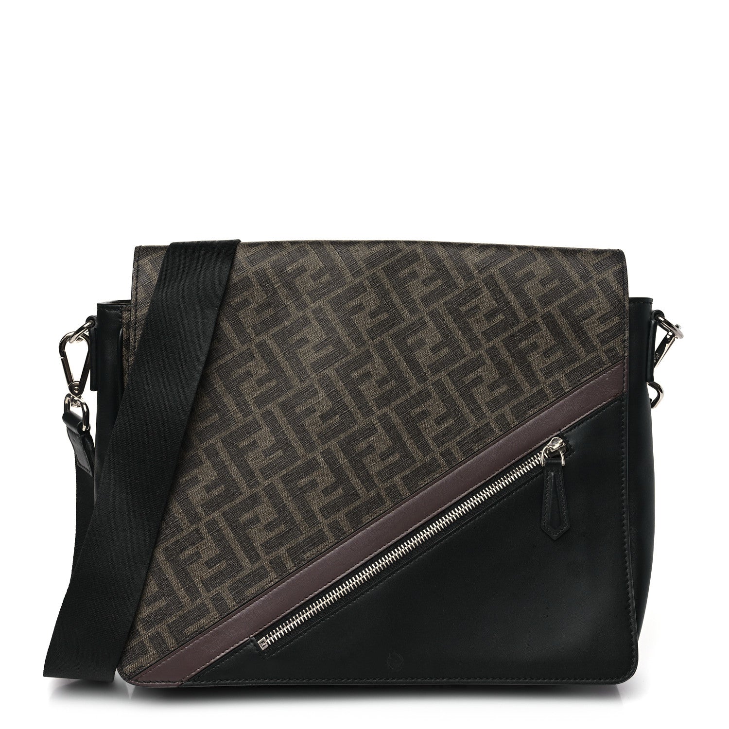 Fendi Glazed Fabric Vitello Liberty FF 1974 Diagonal New Messenger Flap Tobacco Moresco Black 1 of 9