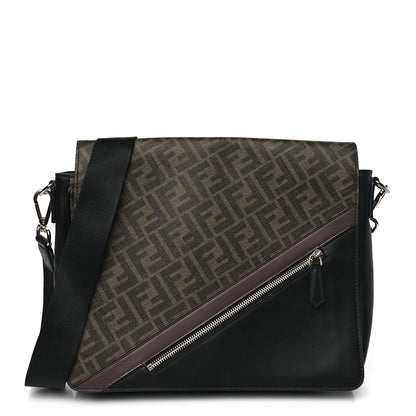 Fendi Glazed Fabric Vitello Liberty FF 1974 Diagonal New Messenger Flap Tobacco Moresco Black 1 of 9
