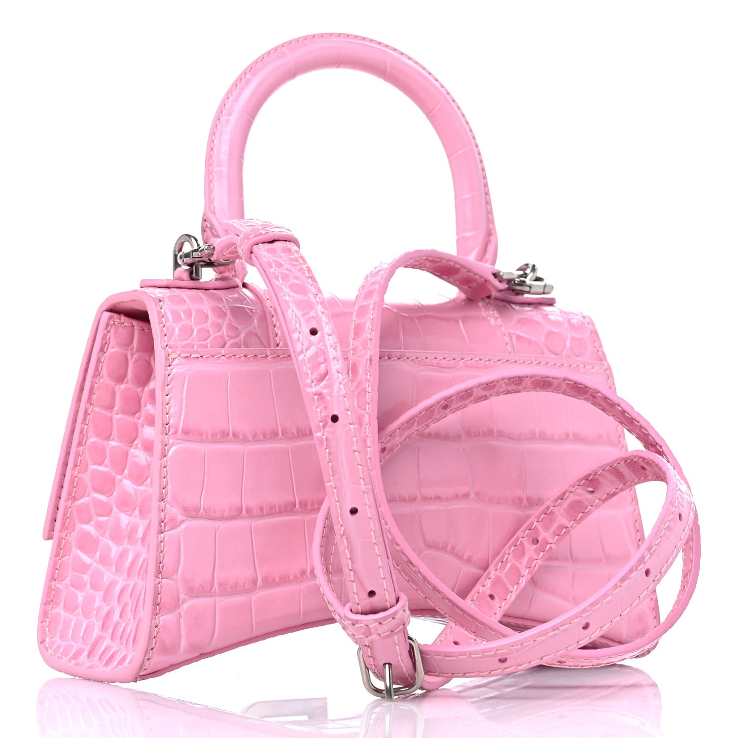 Shiny Calfskin Crocodile Embossed Hourglass Top Handle Bag XS Pink