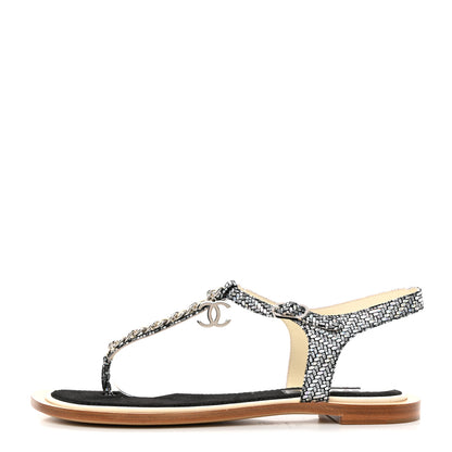 Chanel Fantasy Goatskin Suede CC Chain Thong Sandals 39 Silver Ivory 1 of 9