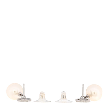 Chanel Crystal Pearl CC Drop Earrings Silver Pearly White 3 of 5