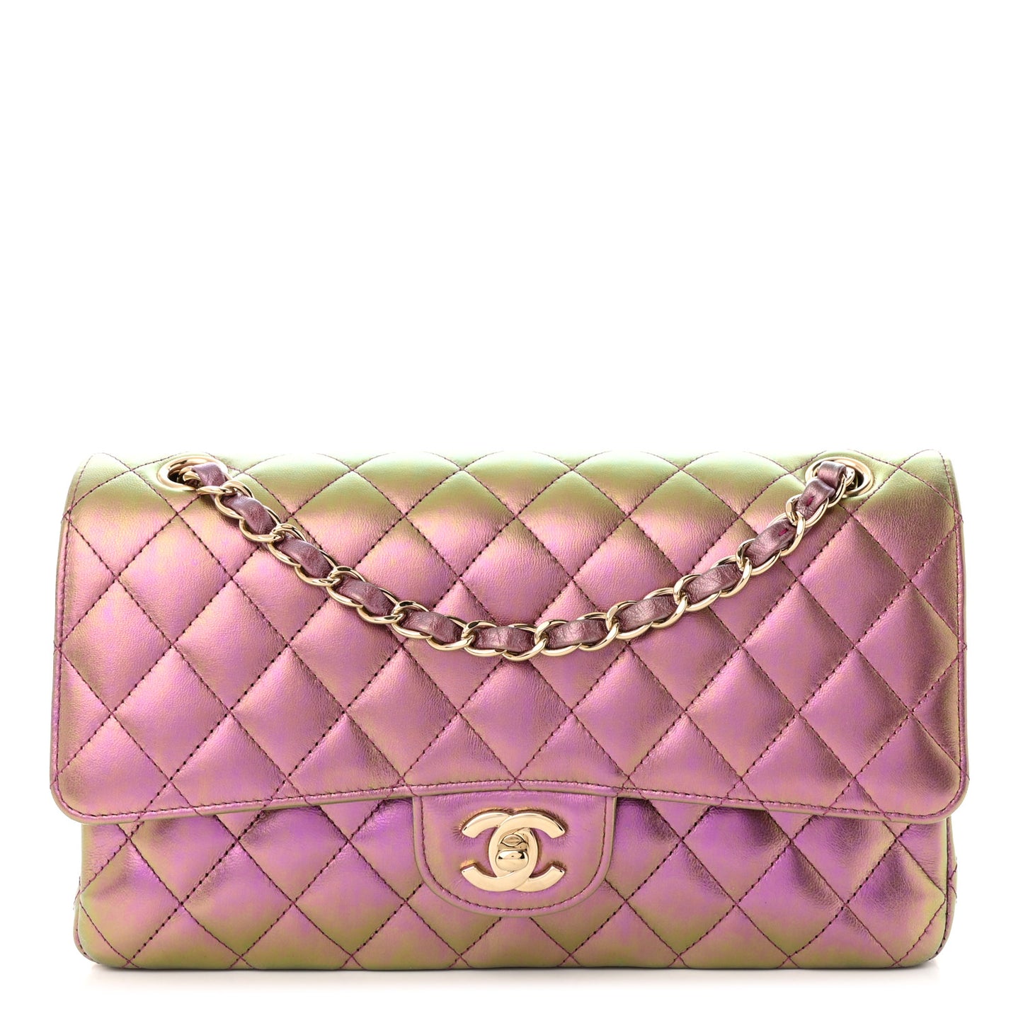 Iridescent Lambskin Quilted Medium Double Flap Purple
