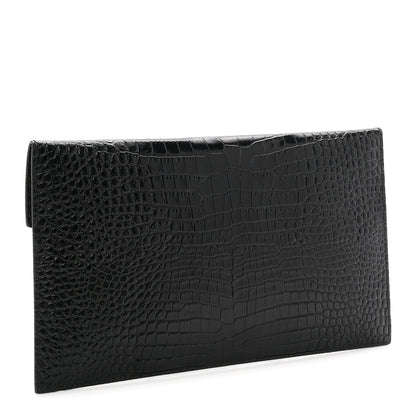 Saint Laurent Calfskin Crocodile Embossed Uptown Monogram Pouch Black 3 of 7