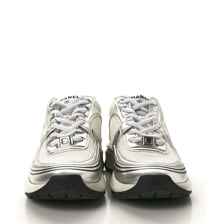 Chanel Fabric Laminated Calfskin Stretch CC Sneakers 38 White Gold Silver 2 of 6