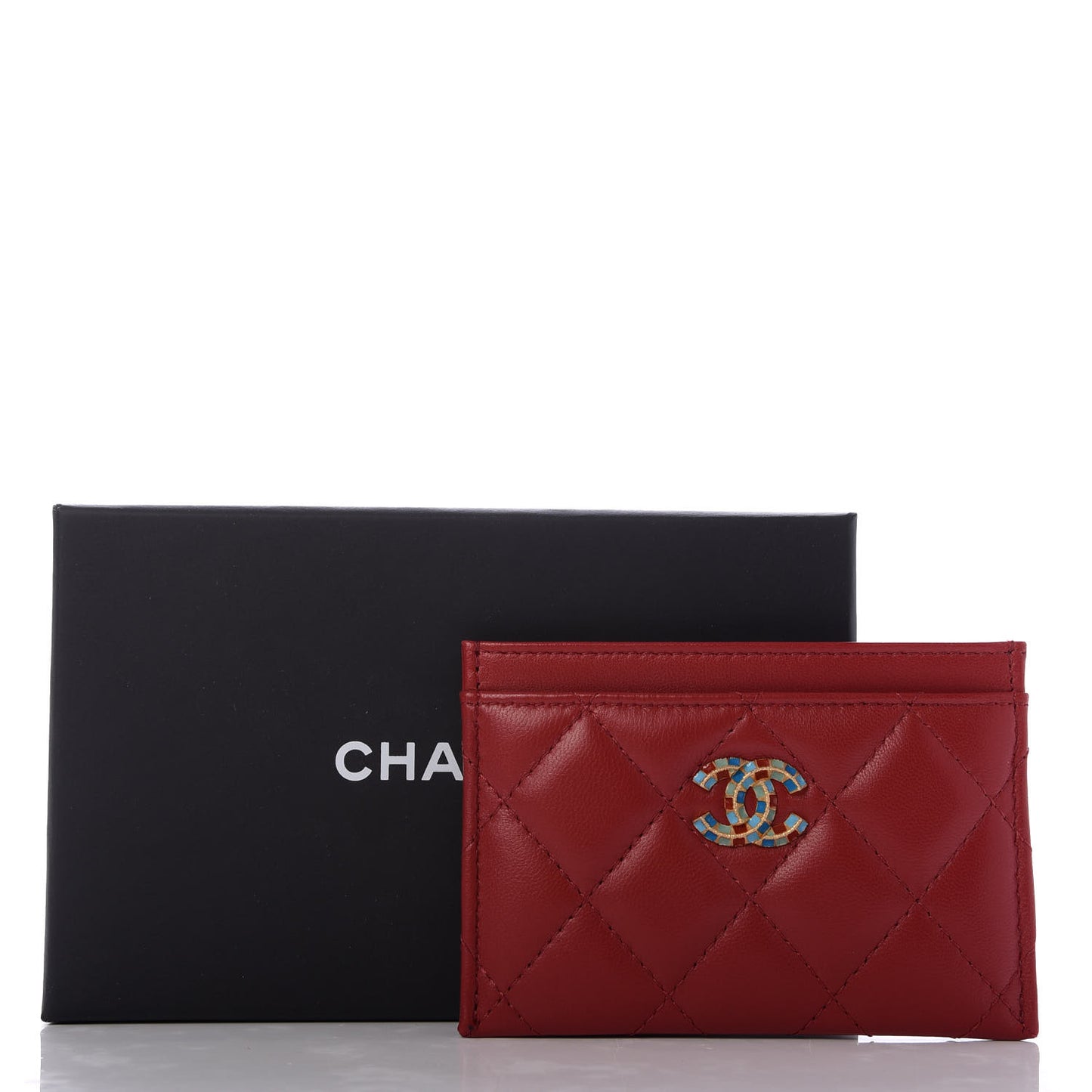 Lambskin Quilted Card Holder Red Multicolor