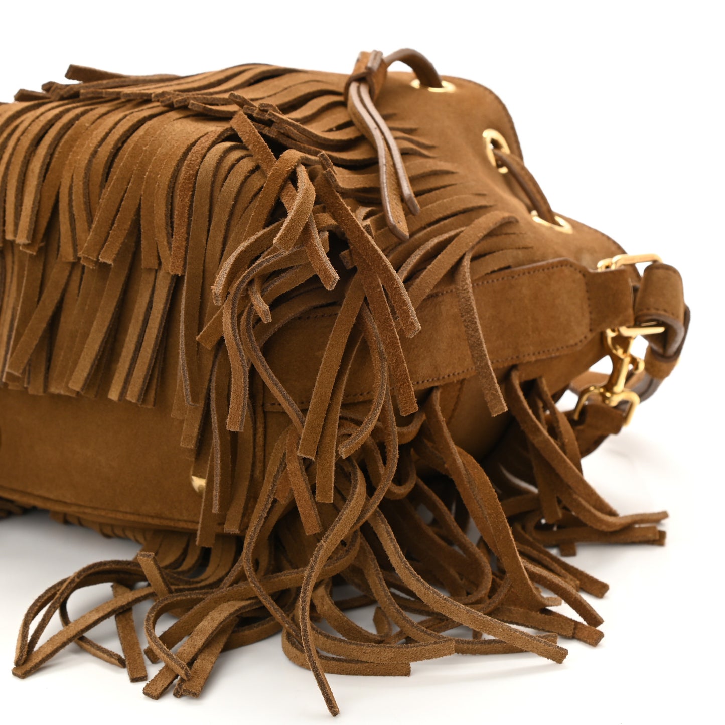 Suede Calfskin Small Emmanuelle Fringe Bucket Bag Light Ocre