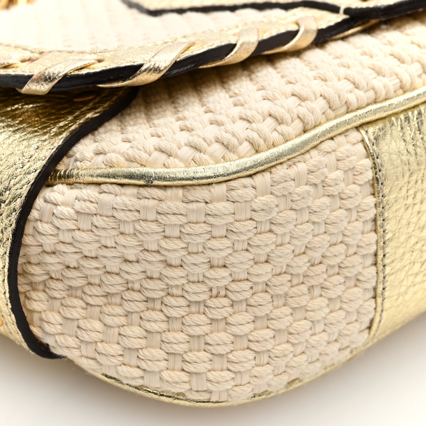 Woven Canvas Metallic Calfskin Stitched Shoulder Bag Beige Gold