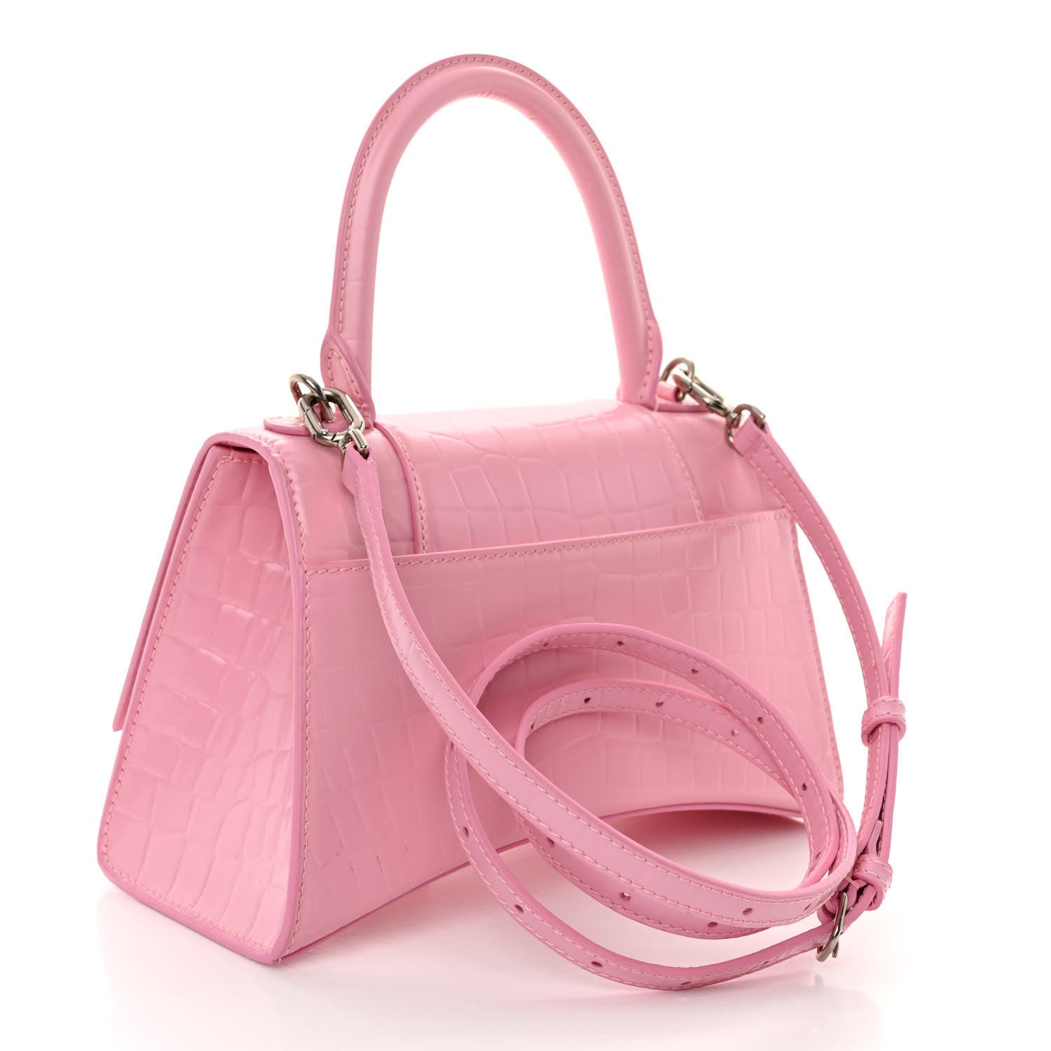 Balenciaga Semi Shiny Calfskin Crocodile Embossed Small Hourglass Top Handle Bag Pink 3 of 10