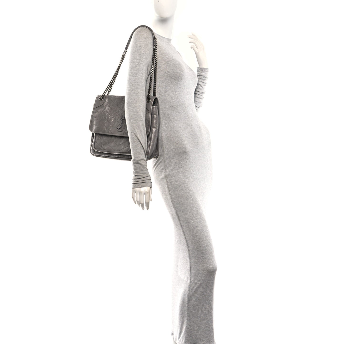 Crinkled Calfskin Matelasse Monogram Large Niki Chain Satchel Fog