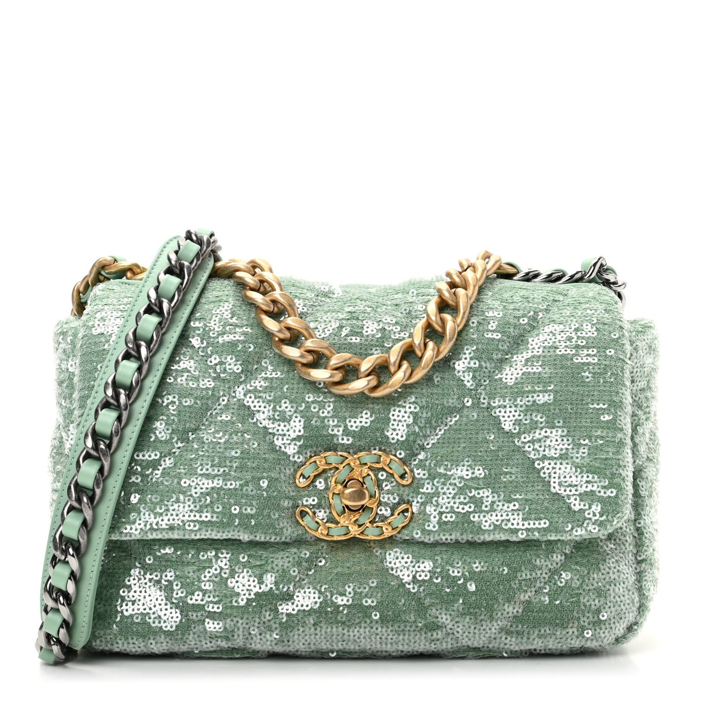Sequin Quilted Medium Chanel 19 Flap Light Green