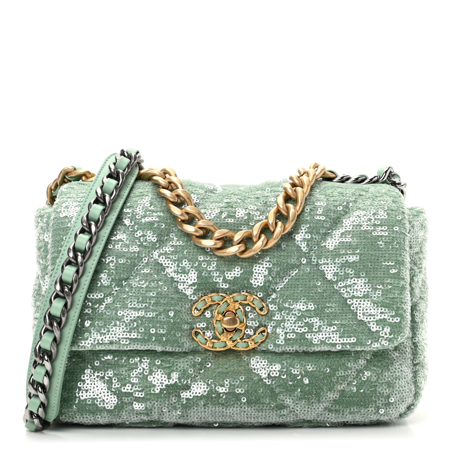 Chanel Sequin Quilted Medium Chanel 19 Flap Light Green 1 of 10