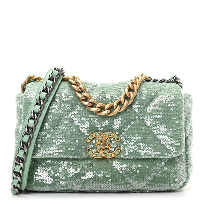 Chanel Sequin Quilted Medium Chanel 19 Flap Light Green 1 of 10