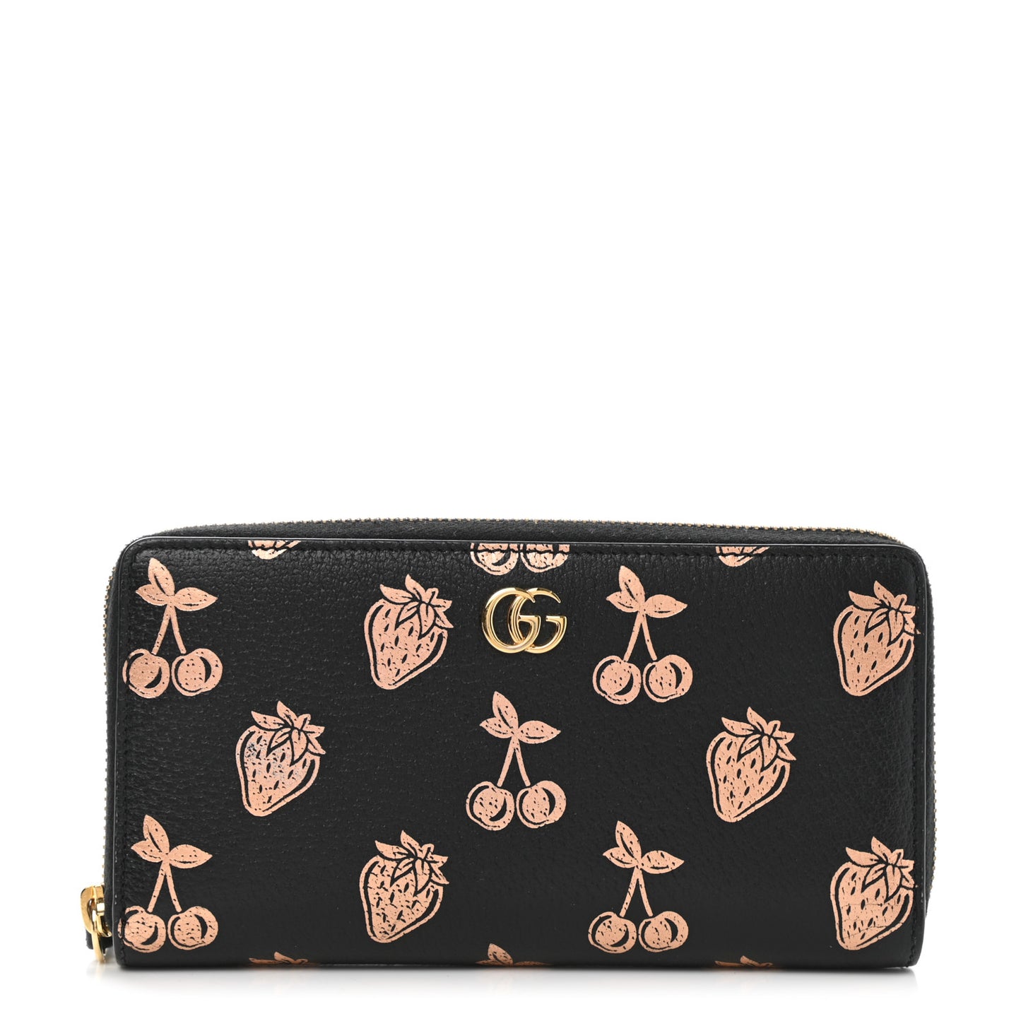Textured Dollar Calfskin Berry Print GG Marmont Zip Around Wallet Black Light Copper