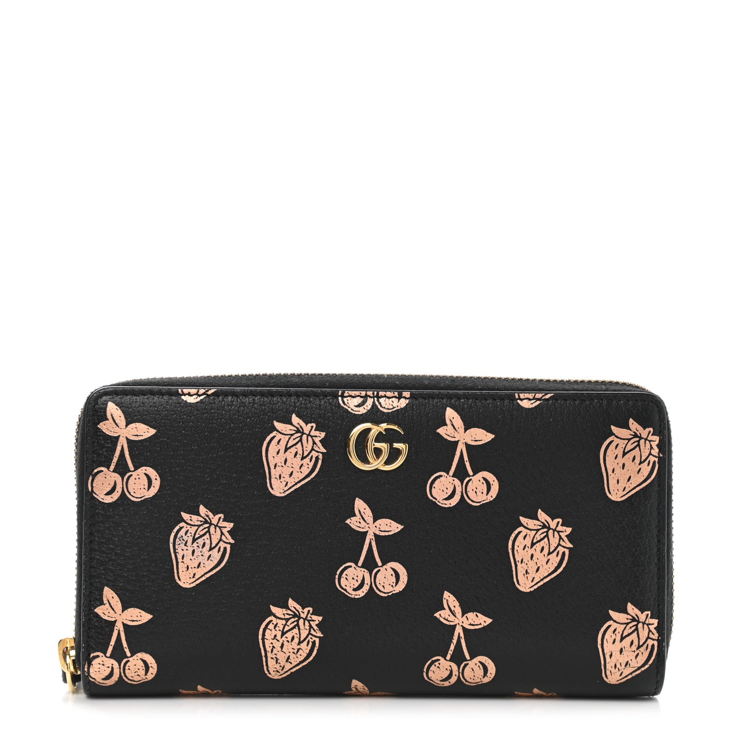 Gucci Textured Dollar Calfskin Berry Print GG Marmont Zip Around Wallet Black Light Copper 1 of 6