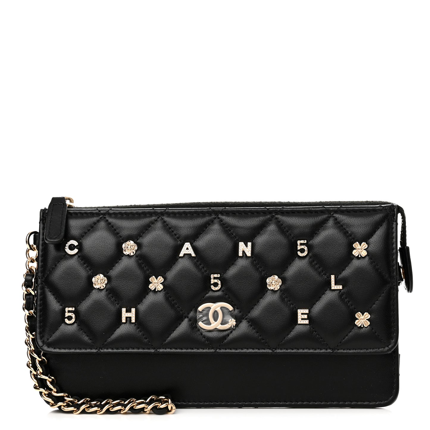 Lambskin Quilted All About Chanel Charm Wristlet Wallet Black