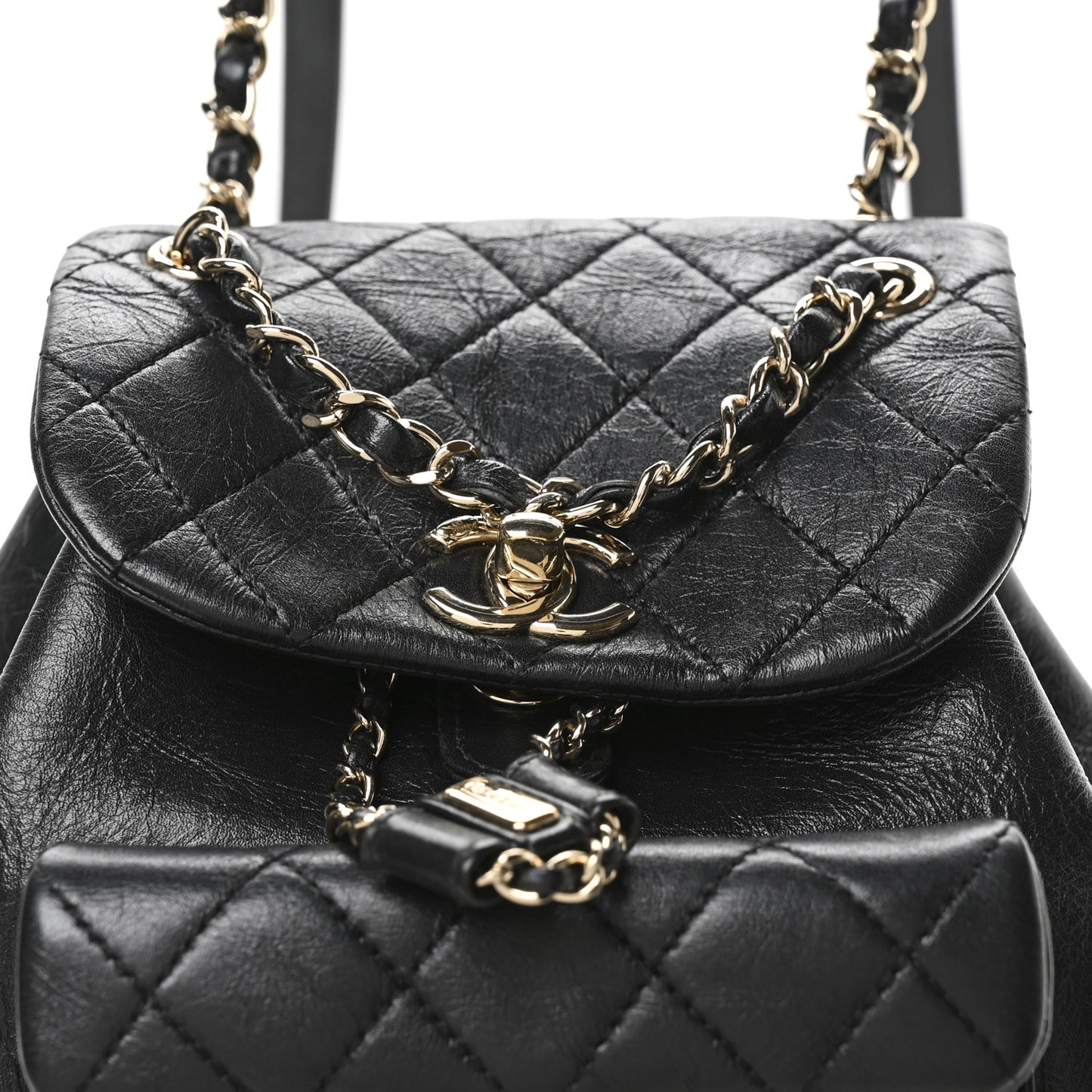 Glazed Aged Calfskin Quilted Small Duma Drawstring Backpack Black