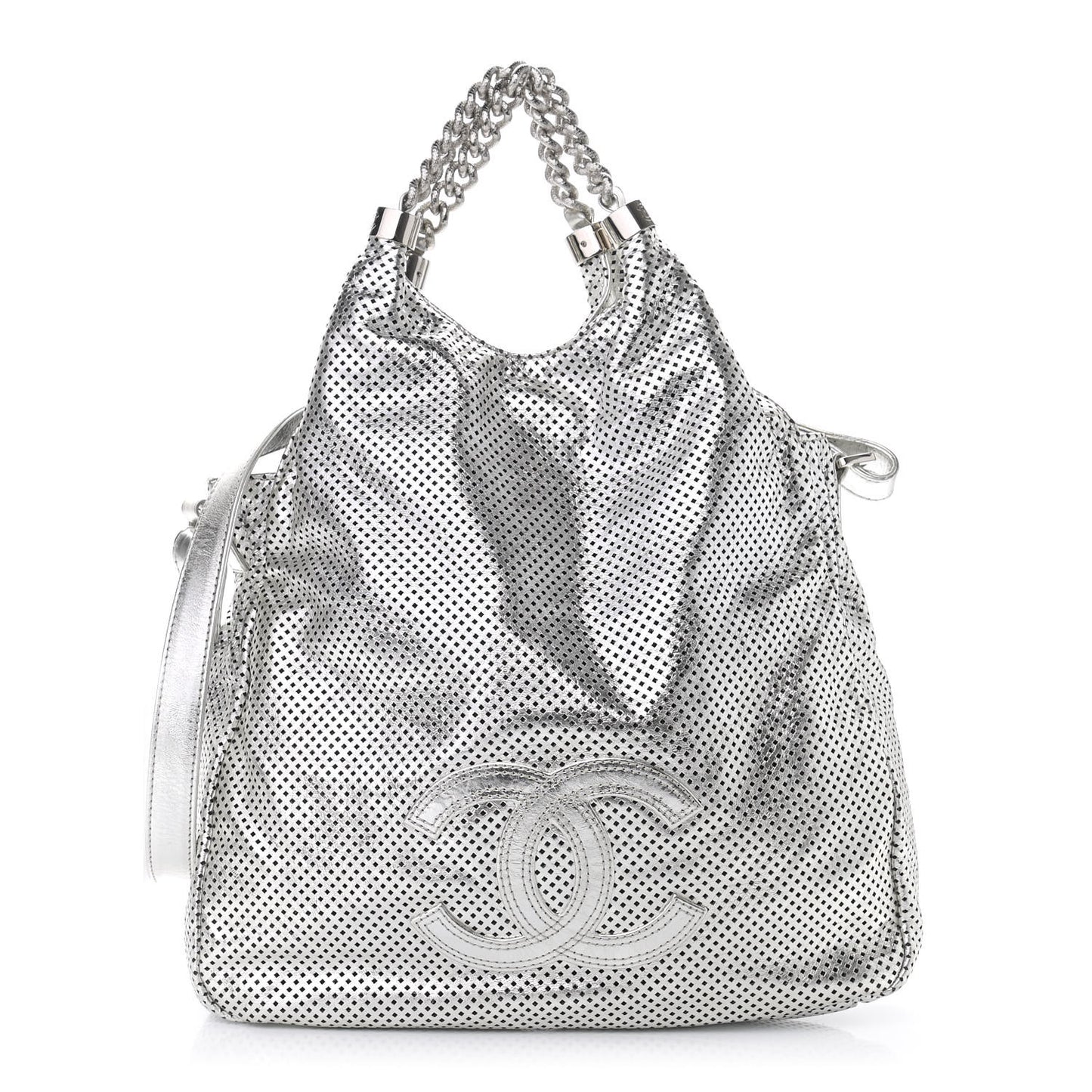 Metallic Glazed Calfskin Perforated Medium Rodeo Drive Tote Silver
