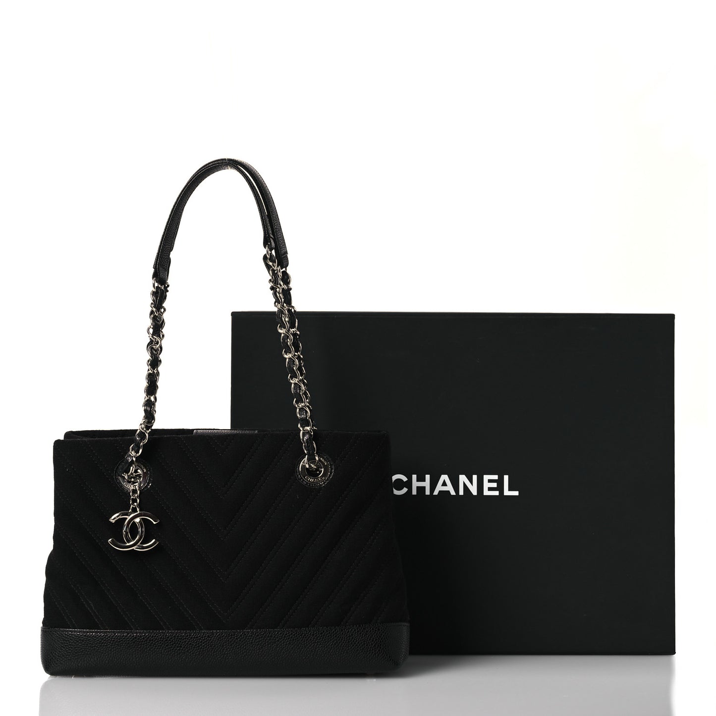 Canvas Caviar Chevron Shopper Tote Black