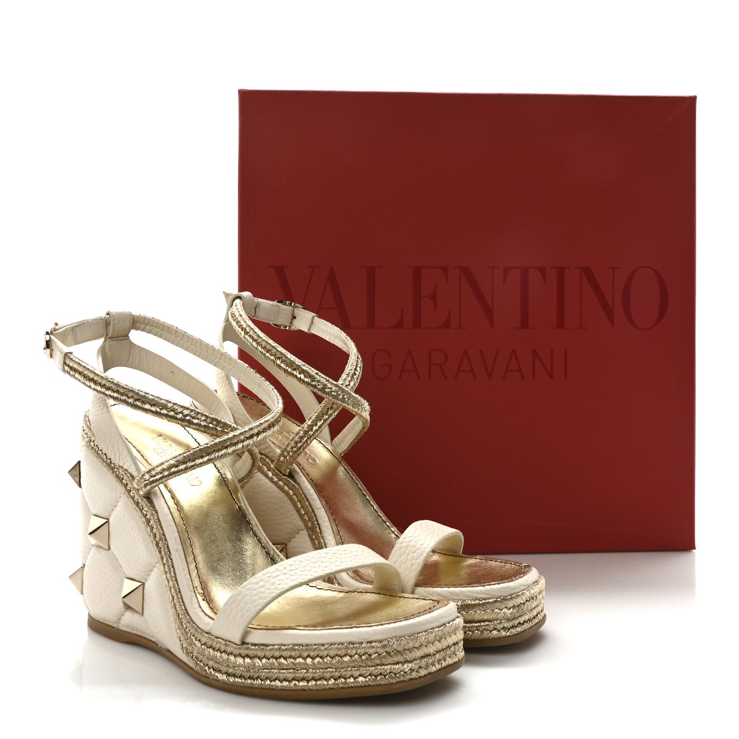 Valentino Garavani Grained Calfskin Roman Stud Espadrille Wedge Ankle Wrap Sandals 37 White 9 of 9