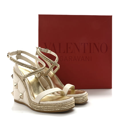 Valentino Garavani Grained Calfskin Roman Stud Espadrille Wedge Ankle Wrap Sandals 37 White 9 of 9