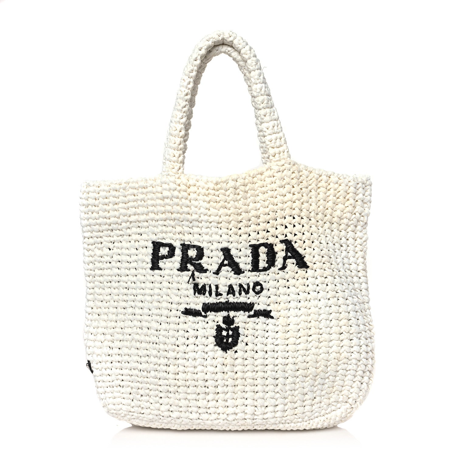 Prada Yarn Raffia Effect Crochet Embroidered Small Logo Tote White 1 of 9
