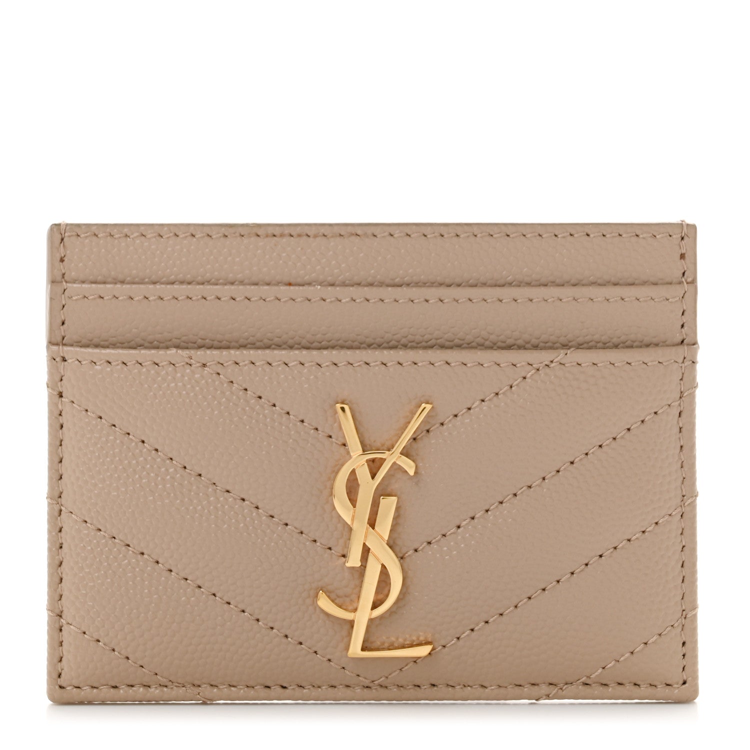 Saint Laurent Grain De Poudre Matelasse Chevron Monogram Credit Card Case Dark Beige 1 of 7