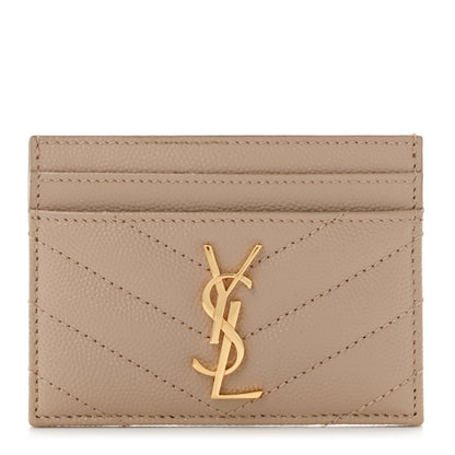Saint Laurent Grain De Poudre Matelasse Chevron Monogram Credit Card Case Dark Beige 1 of 7