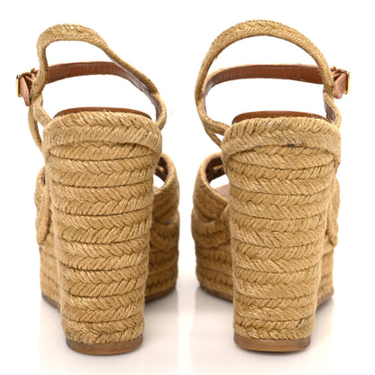 Saint Laurent Raffia Calfskin Platform Espadrille Wedge Sandals 35.5 Caramel 6 of 10