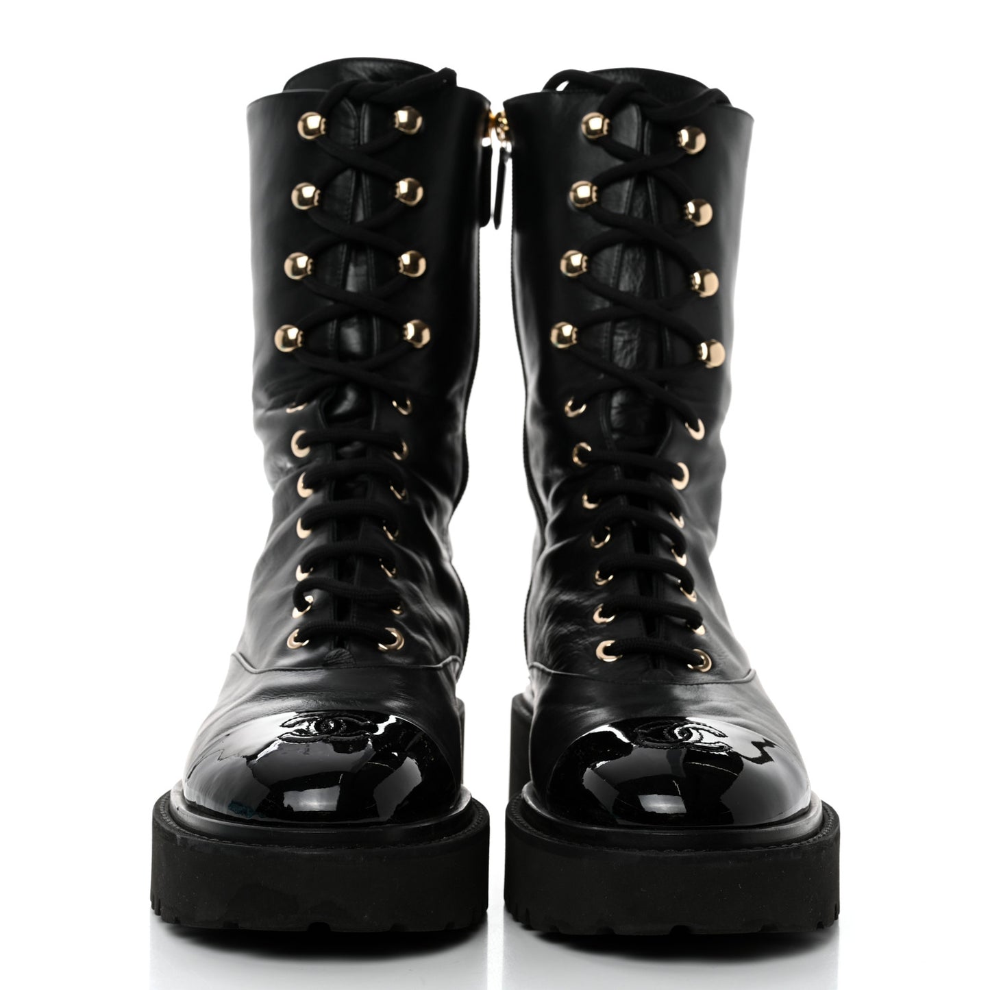 Calfskin Patent Cap Toe Lace Up Combat Boots 41 Black