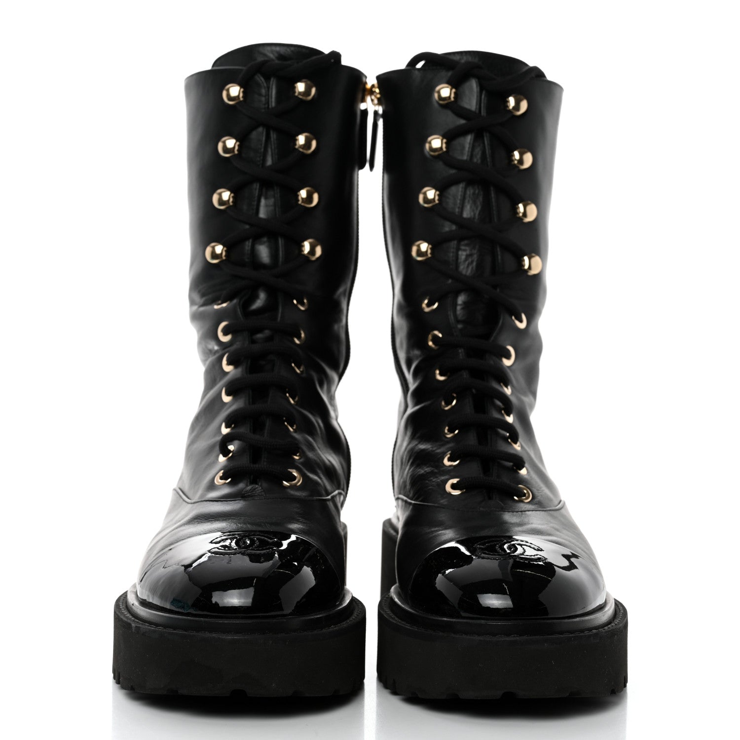 Chanel Calfskin Patent Cap Toe Lace Up Combat Boots 41 Black 2 of 8
