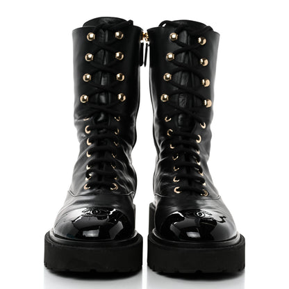 Chanel Calfskin Patent Cap Toe Lace Up Combat Boots 41 Black 2 of 8