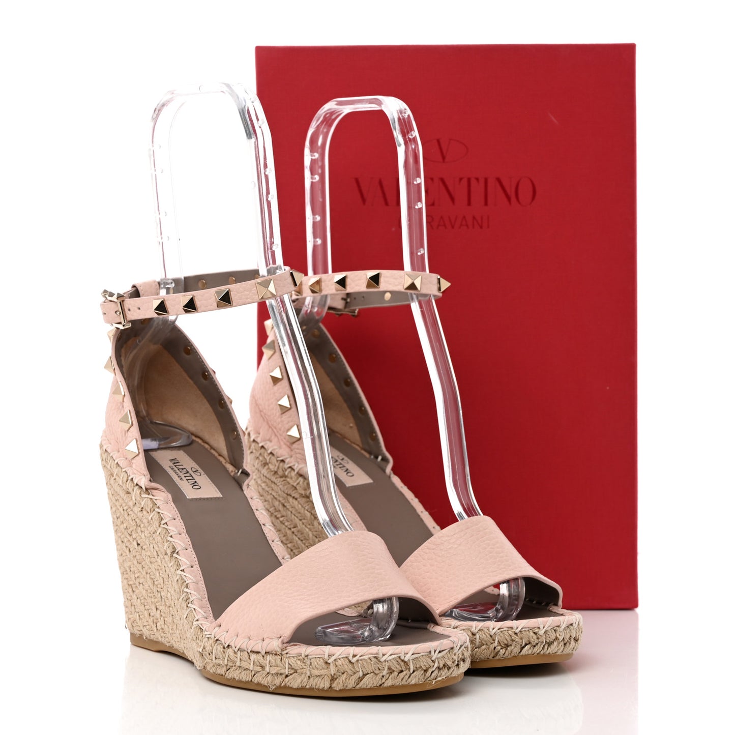 Grained Calfskin Rockstud Ankle Strap Espadrille 15/105mm Wedge Sandals 39 Rose Quartz Natural