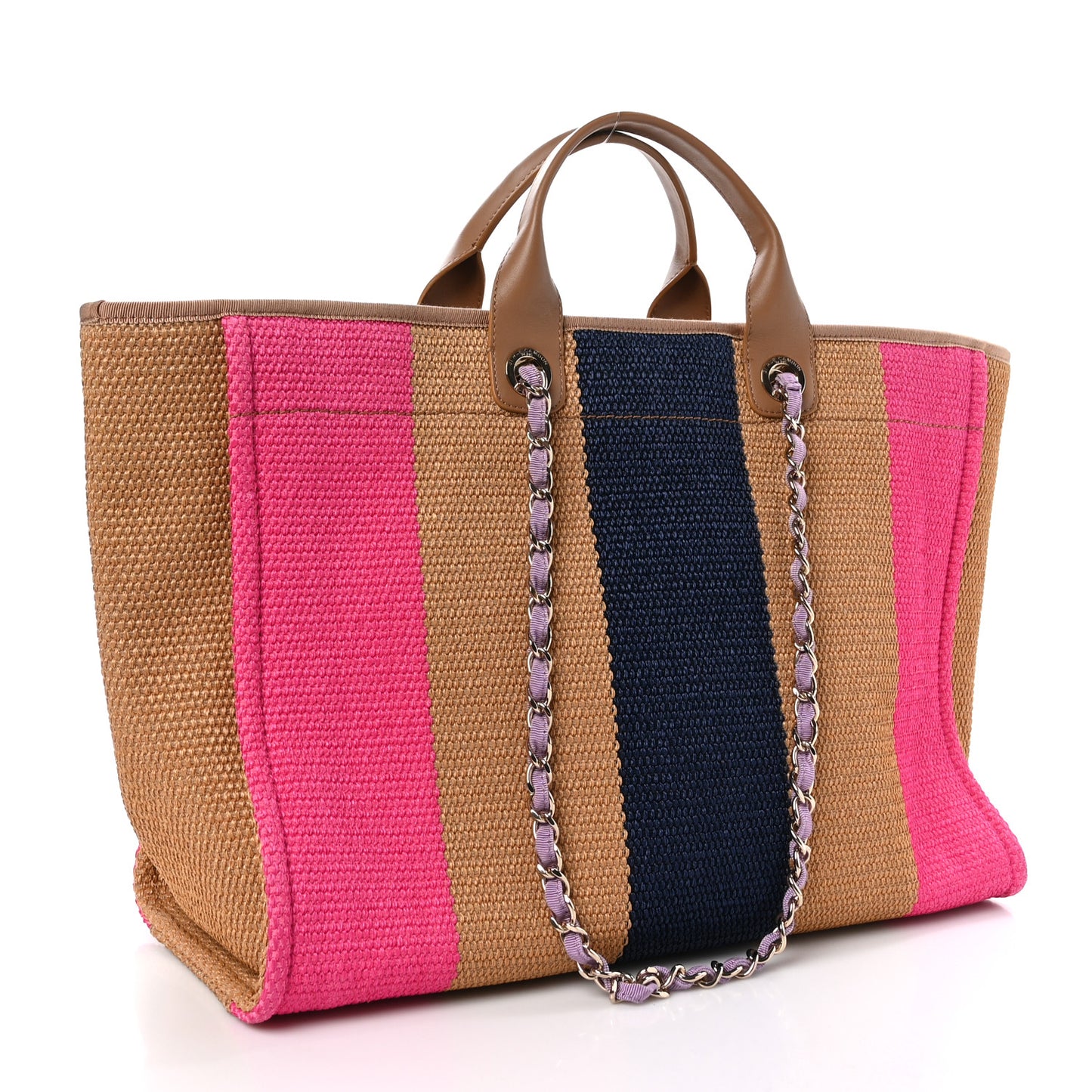 Straw Raffia Calfskin Striped Large Deauville Tote Dark Beige Fuchsia Navy Blue