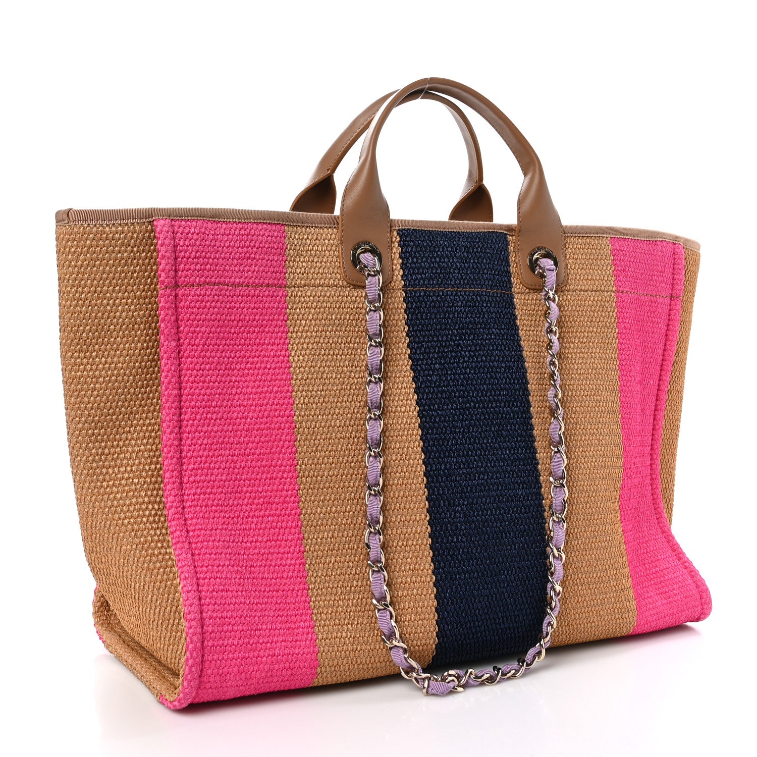 Chanel Straw Raffia Calfskin Striped Large Deauville Tote Dark Beige Fuchsia Navy Blue 3 of 10
