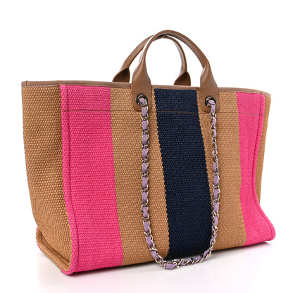 Chanel Straw Raffia Calfskin Striped Large Deauville Tote Dark Beige Fuchsia Navy Blue 3 of 10