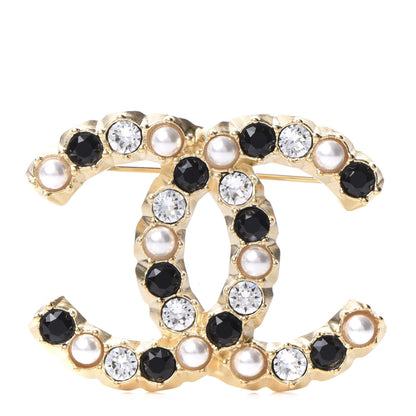 Chanel Pearl Crystal CC Brooch Black Gold 1 of 4