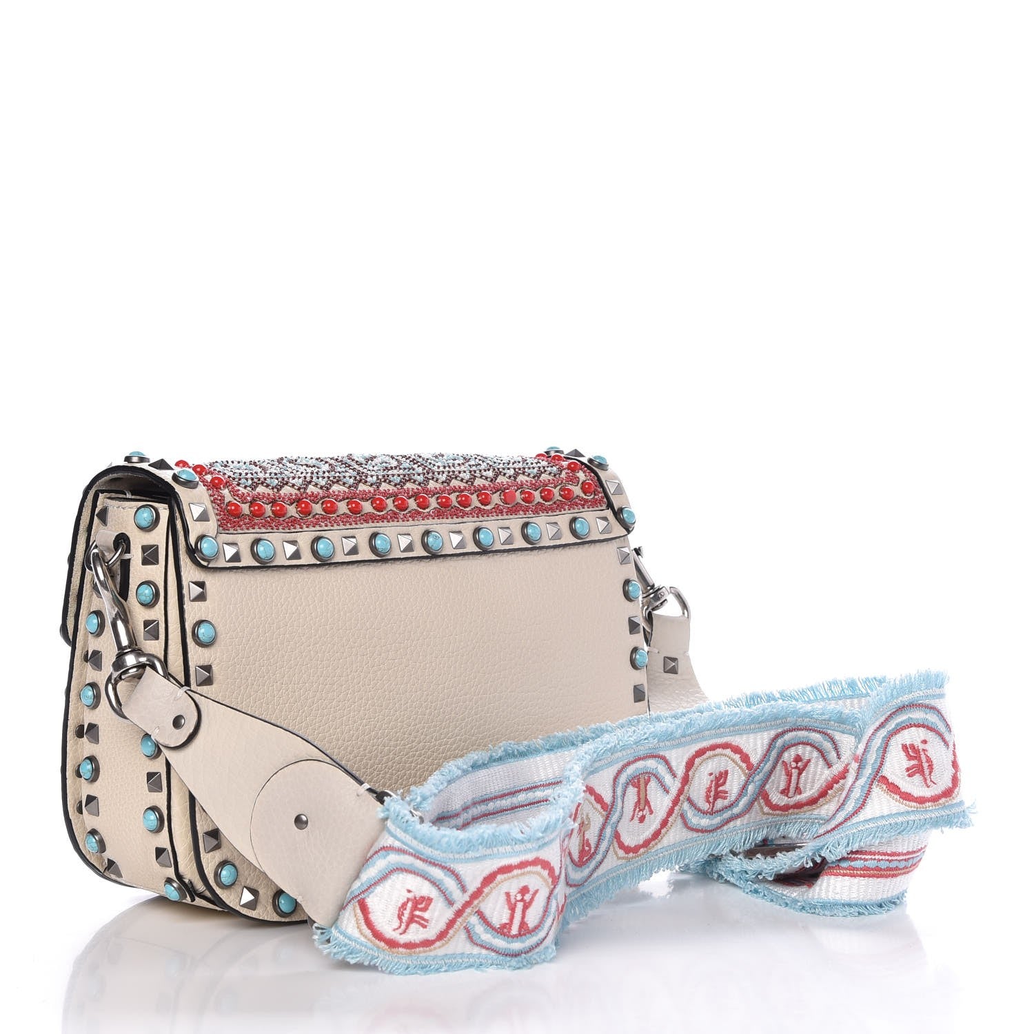Valentino Garavani Calfskin Embroidered Medium Guitar Strap Rockstud Rolling Flap Saddle Bag 3 of 9