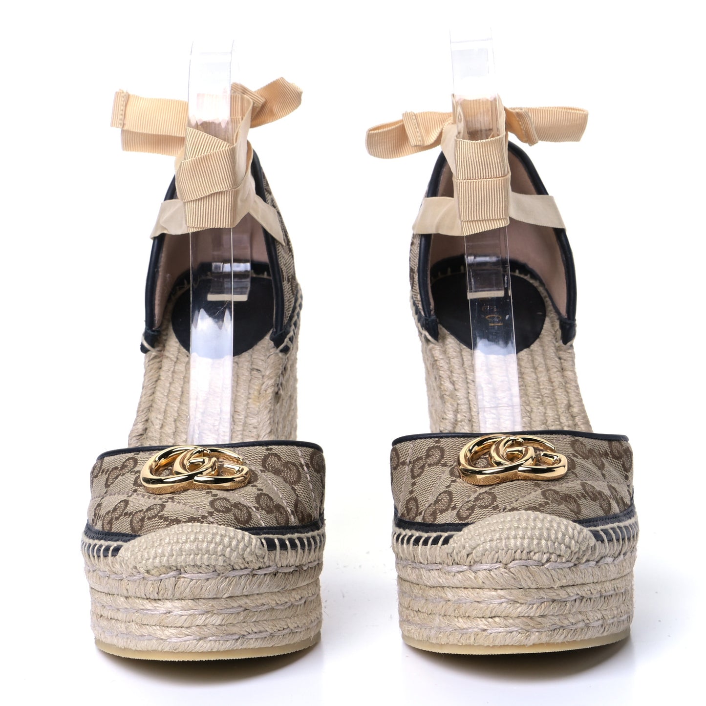 Monogram Matelasse GG Marmont Ankle Wrap Platform 35/120mm Espadrille Wedges 38.5 Beige Ebony Black Sand Storm