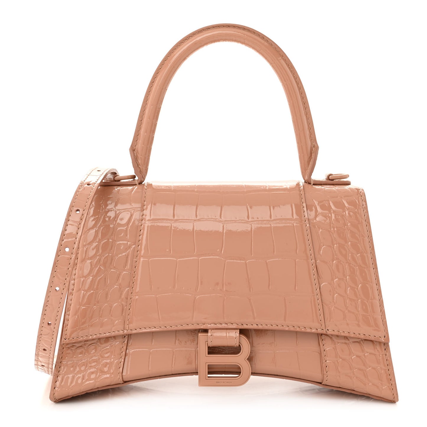 Shiny Calfskin Monochrome Crocodile Embossed Small Hourglass Top Handle Bag Nude Beige