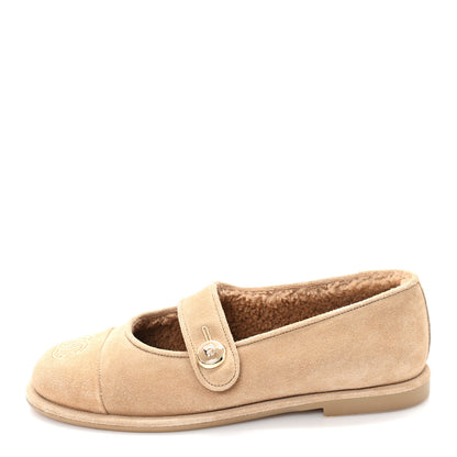 Chanel Suede Shearling Mary Jane Flats 36.5 Beige 1 of 9