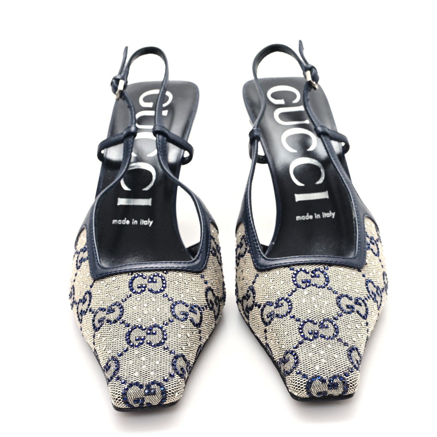 GG Monogram Malaga Kid Crystal Square G 75mm Slingback Pumps 38 Beige Blue