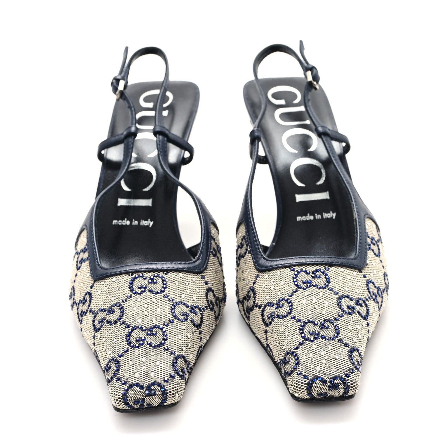 Gucci GG Monogram Malaga Kid Crystal Square G 75mm Slingback Pumps 38 Beige Blue 3 of 10