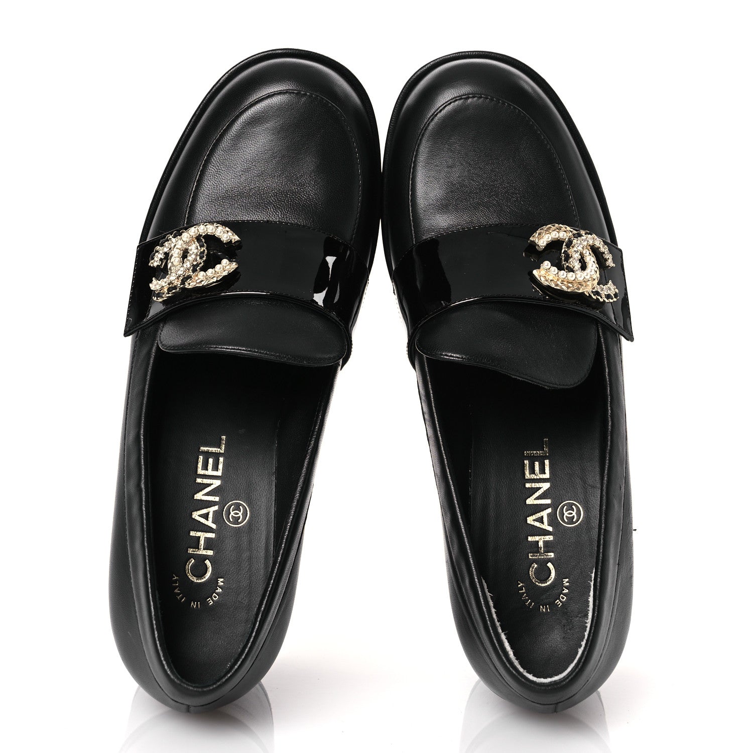 Chanel Lambskin Pearl Crystal Quilted CC Loafers 38 Black 2 of 17