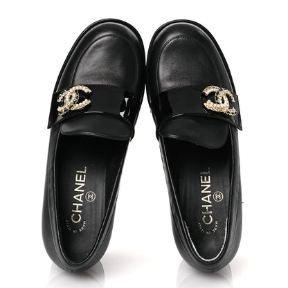 Chanel Lambskin Pearl Crystal Quilted CC Loafers 38 Black 2 of 17