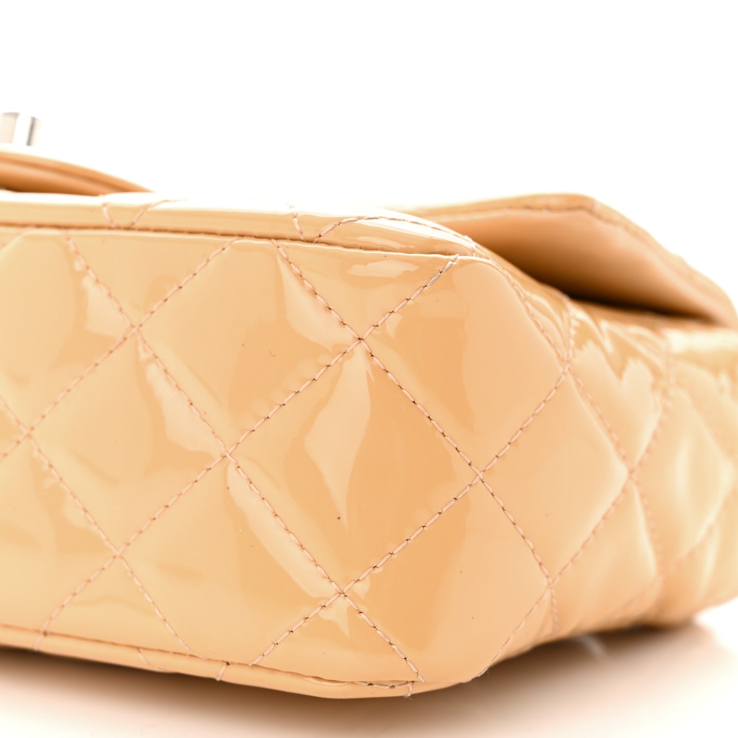 Patent Calfskin Quilted Mini Rectangular Flap Beige