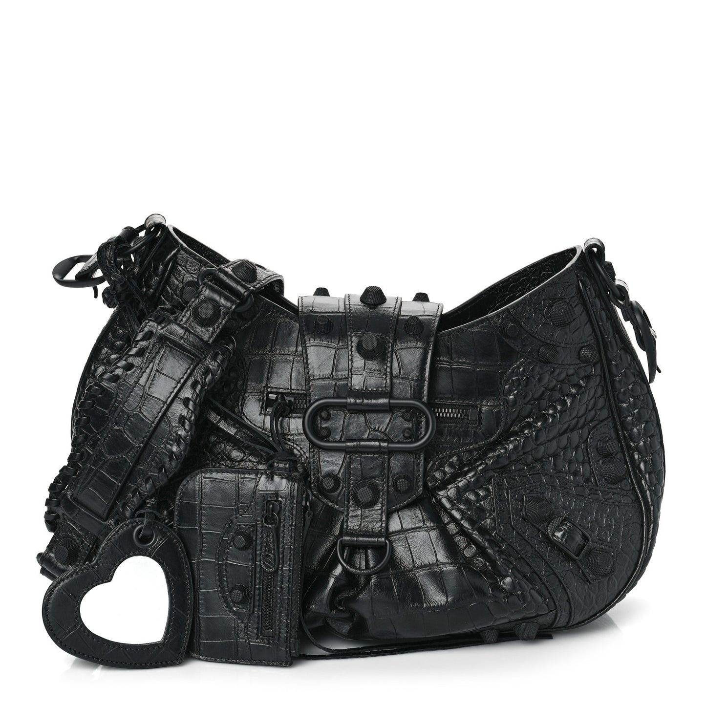 Extra Supple Calfskin Monochrome Crocodile Embossed Medium Le Cagole Shoulder Bag Black