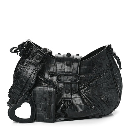 Balenciaga Extra Supple Calfskin Monochrome Crocodile Embossed Medium Le Cagole Shoulder Bag Black 1 of 9